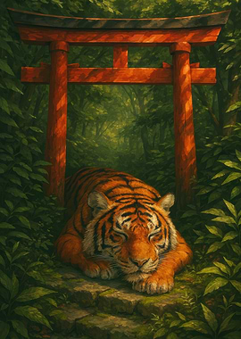 Sleeping Tiger by Torii Gate