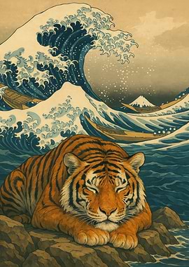 Tiger, Wave, and Mount Fuji Art
