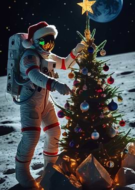 Astronaut Decorating Christmas Tree on Moon