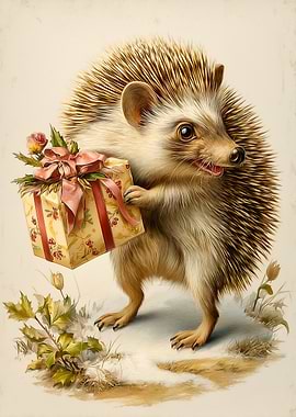 Hedgehog with Christmas Gift