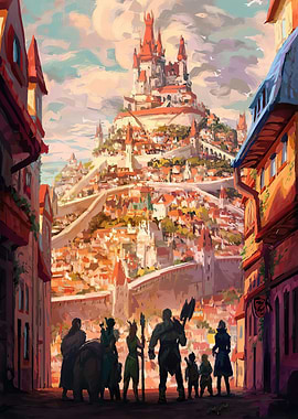 Fantasy Cityscape with Adventuring Party