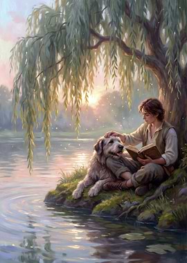 Boy reading with dog by lake