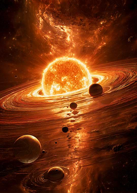 Fiery Sun and Planets in Space