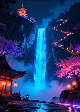 Japanese Pagoda and Waterfall at Night