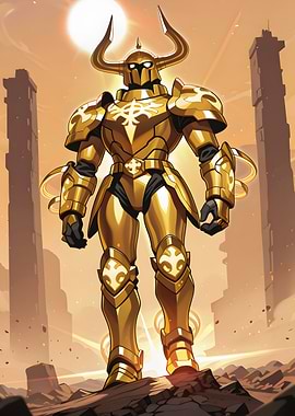 Golden Armored Warrior in Desert Landscape