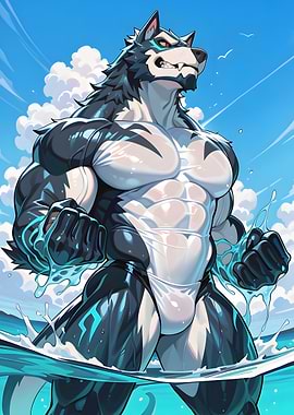 Muscular Wolf Anthro in the Ocean