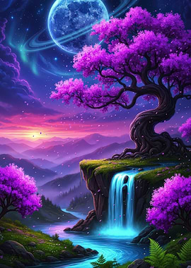 Fantasy Landscape with Waterfall and Moon