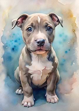 Watercolor Pitbull Puppy Portrait