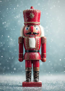 Red Nutcracker in Winter Snowfall