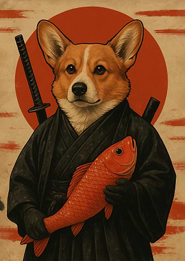 Corgi Samurai with Fish