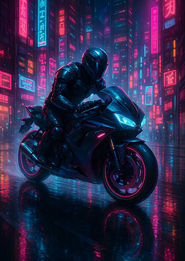 Cyberpunk Motorcycle Rider in Neon City