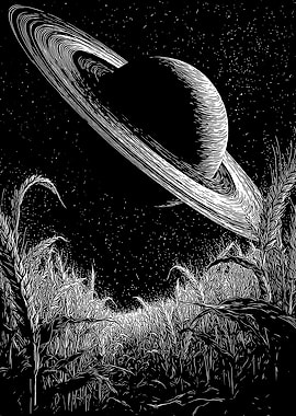 Saturn over wheat field illustration