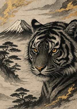 Tiger and Mountain Landscape Art