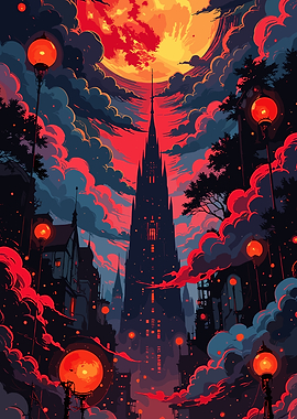 Gothic Cityscape with Red Moon