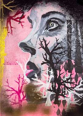 Abstract Face Portrait with Trees Painting