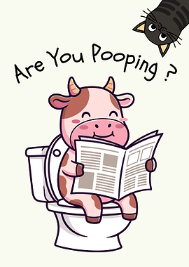 Cartoon Cow on Toilet Reading Newspaper