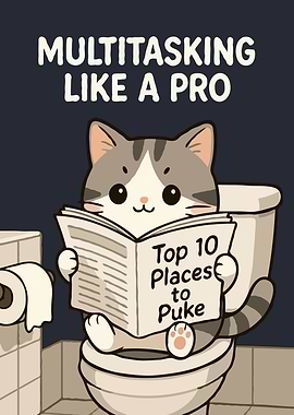 Multitasking Cat Cartoon Funny Art