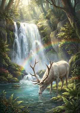 White Deer Drinking by Waterfall Rainbow