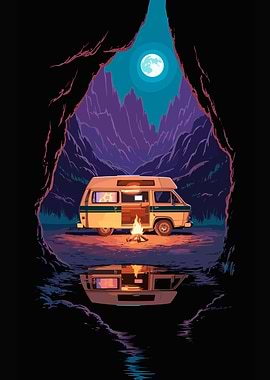 Camper Van by Campfire Under Moonlight