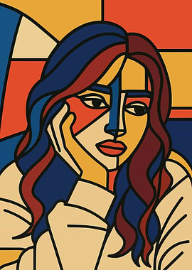 Picasso Style Cubist Contemplative Woman Portrait