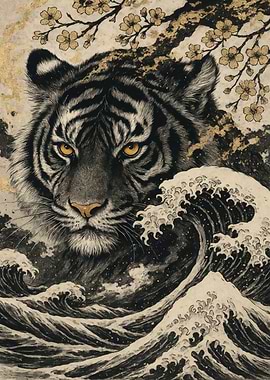 Tiger and Waves Japanese Art