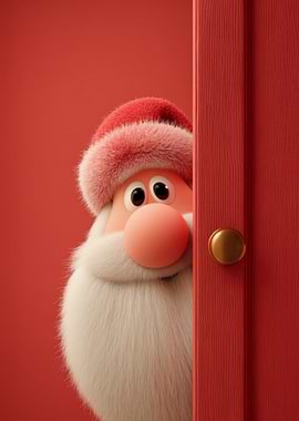 Cartoon Santa Peeking Behind Door