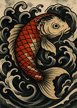 Koi Fish in Waves Illustration