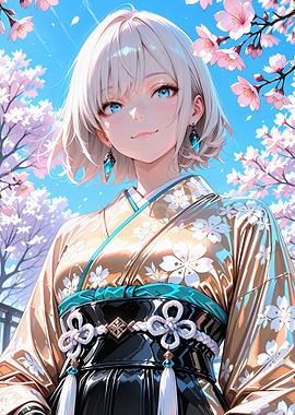 Anime Girl in Kimono with Cherry Blossoms