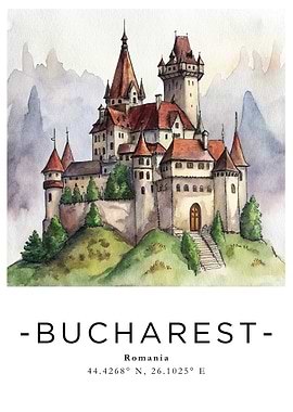Bucharest Romania Watercolor Castle Illustration