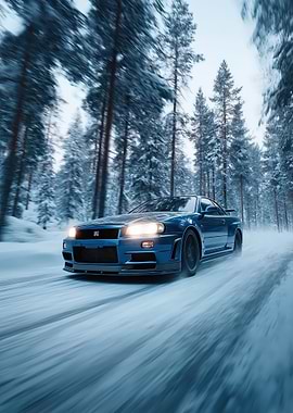 Blue Nissan Skyline in Snowy Forest