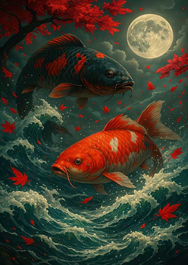 Koi Fish in Water with Moon