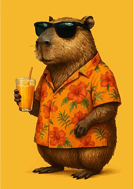Capybara in Hawaiian Shirt with Drink