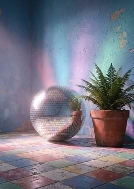 Disco Ball and Potted Plant, retro digital painting