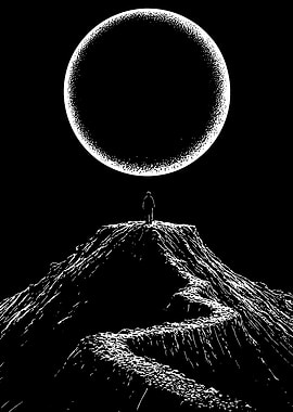 Monochrome Mountain Peak Under a Moon