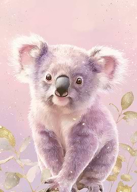 Cute Koala Portrait with Golden Leaves