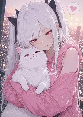 Anime Girl Hugging White Cat