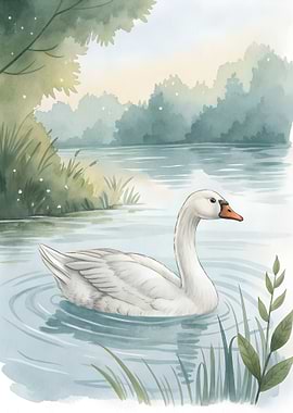 Watercolor Swan on Lake