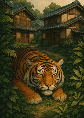 Resting Tiger in Japanese Village