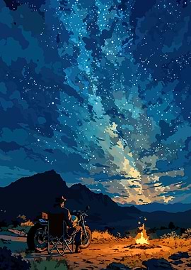 Motorcycle Camping Under Starry Night Sky