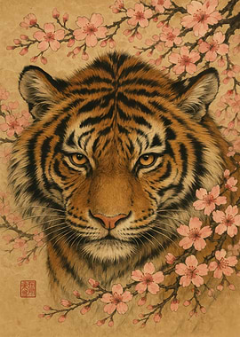 Tiger with Cherry Blossoms Illustration