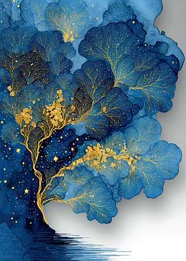 Abstract Blue and Gold Tree Art