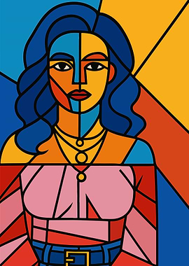 Picasso Style Cubist Woman with Pink Top and Belt