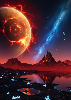 Fiery Planet Landscape with Nebula