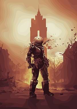 Post-Apocalyptic Warrior in Ruined Cityscape