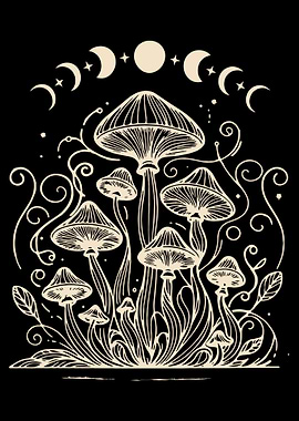 Mushroom and Moon Phases Illustration