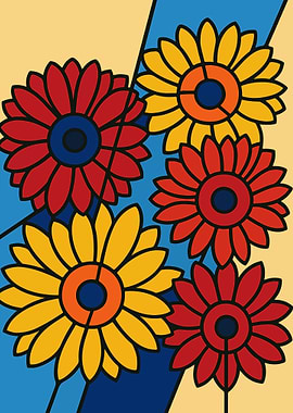 Picasso Style Cubist Abstract Red and Yellow Flowers