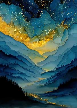 Abstract Blue and Gold Mountain Landscape