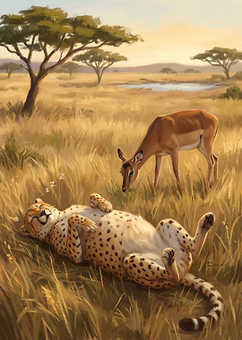 Sleeping Cheetah and Grazing Impala