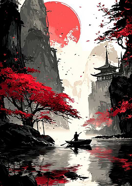 Japanese Landscape with Red Sun and Boat