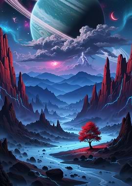 Surreal Landscape with Red Tree